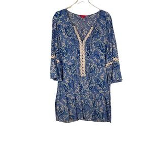 Lilly Pulitzer XL Blue Sea Turtle Paisley Hollie Tunic Dress Crochet Bell Sleeve